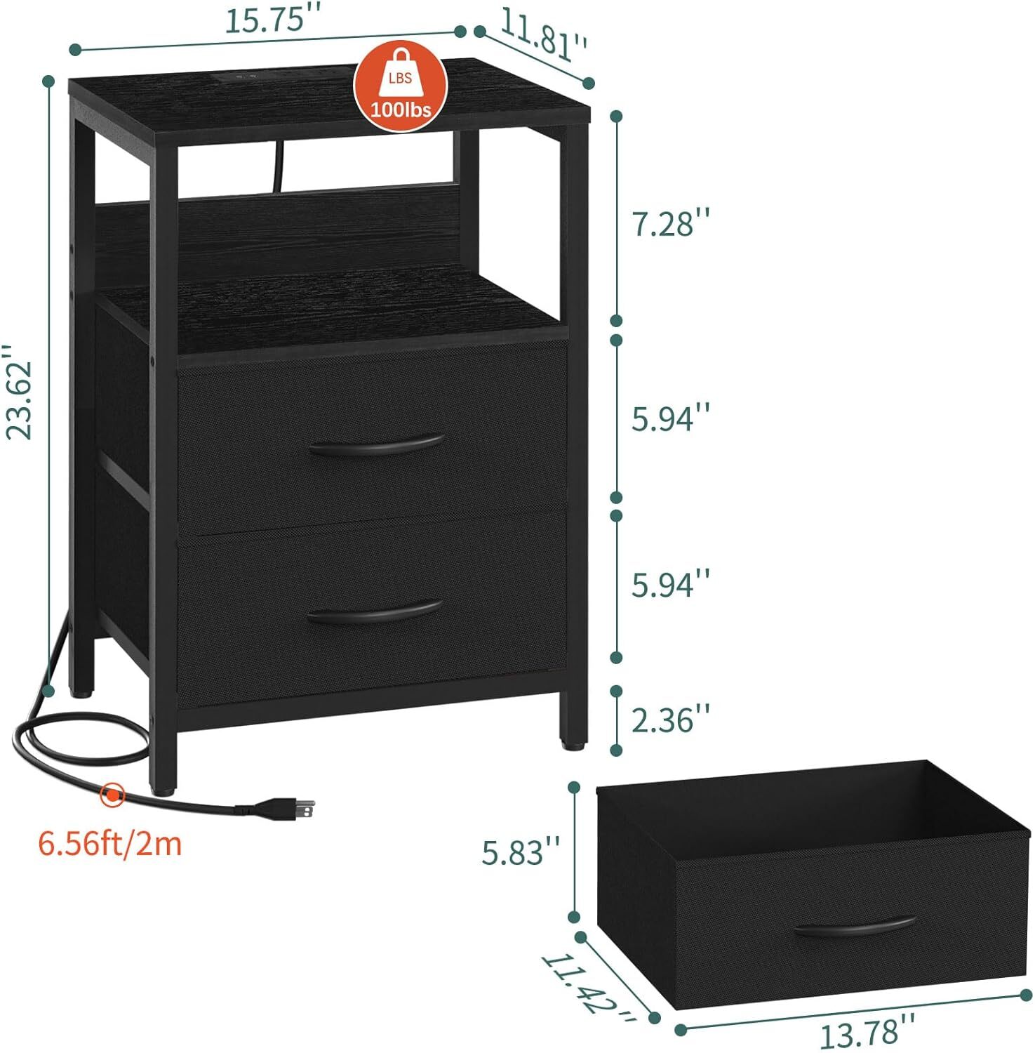 Nightstand with Charging Station, LED Night Stand with Fabric Drawers