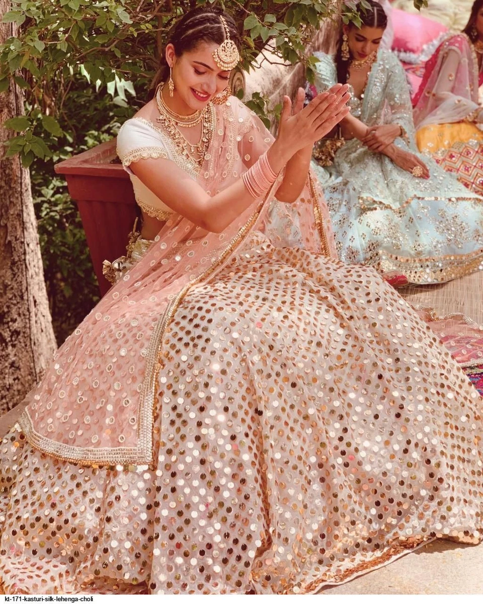 Cream Lengha Choli Indian Wedding Sequins Lehenga Chunri Bollywood Dress Sari
