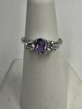 STERLING SILVER THREE STONE AMETHYST RING WITH CZ S SIZE 6