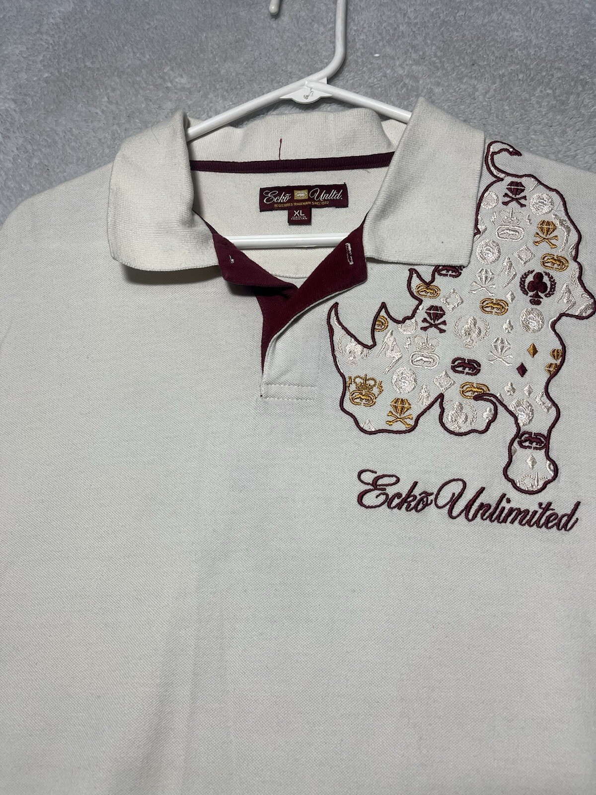 Vintage Ecko Unltd Polo Shirt Mens XL Cream Short Sleeve Embroidered Unlimited.