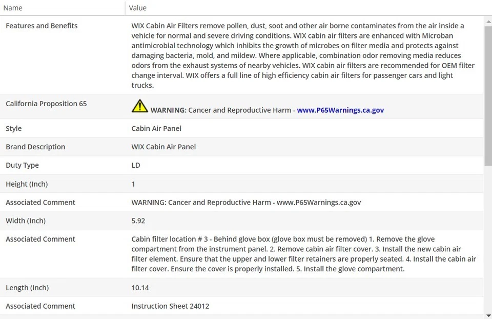 Filtro de aire de cabina WIX para Nissan Sentra 2013-2019 L4-1,8 L Foto 3 de 4