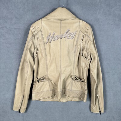 Harley-Davidson Jacket Womens L Beige Leather Embroidered Full Zip Riding Gear