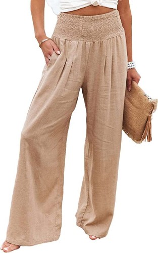 Women's Smocked High Waist Straight Leg Cotton Linen Palazzo Pants - Picture 33 of 34