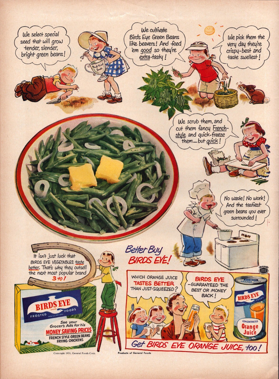 Birds Eye Green Beans Orange Juice Children Cartoon 1951 Vintage Print