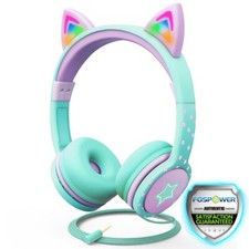Kids Wired Cat Ears Headphone Headset Girl Earphone On Ear Teal Volume Control