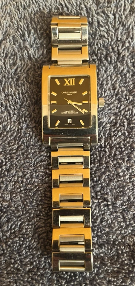 HERMOSO RELOJ ESTILO TANQUE CHARLES HUBERT CON CLASE PARA HOMBRES ACERO PLATA EN CAJA Foto 2 de 4