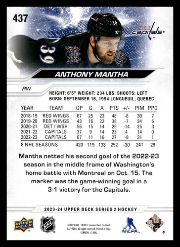 2023-24 Upper Deck #437 Anthony Mantha - Picture 2 of 2
