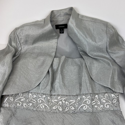 R&M Richards Dress Wedding Ruffles & Shrug Jacket Set Size 16 Silver Beaded - Picture 5 of 16