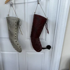 Patterned Metal Stocking Hanging Metal Bow & Laces White Red 18.5" Tall Lot of 2