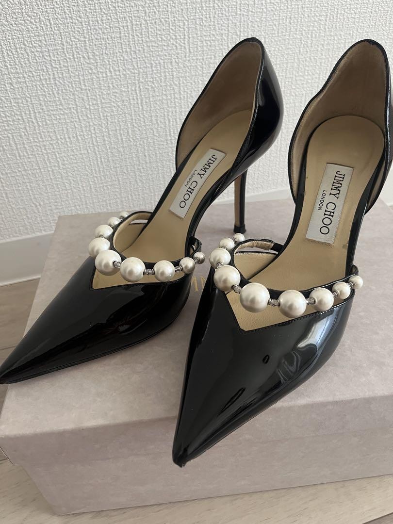 JIMMY CHOO Aurelie 85 Pearl Strap Black Pumps Heels EU38.5 JP25cm