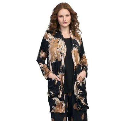 Alembika Shimmer Jacket Black Gold Metallic Crinkle Duster Open Front Small NWT