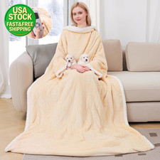 Wearable Heated Blanket with Sleeves Electric Robe Foot Pockets Timer