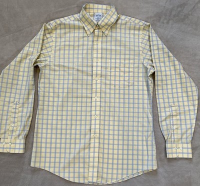 Brooks Brothers Shirt Mens 15.5-4/5 Slim Fit Button Up Plaid Yellow Blue Large