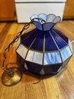 Vintage Blue & White Slag Glass Pendant Lamp - 12-Panel Tiffany Needs Rewired