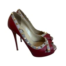 Valentino Garavani Rockstud Red Beige High Heel Pumps Shoes Sandals Size 38.5