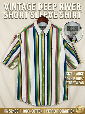 VTG 90s Deep River Trading Co Striped Shirt Men L Colorblock Hip Hop Streetwear