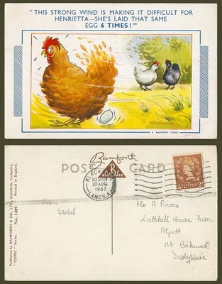 Fitzpatrick 1957 alte Postkarte Huhn gleiches Ei gelegt 6 mal Vögel starker Wind