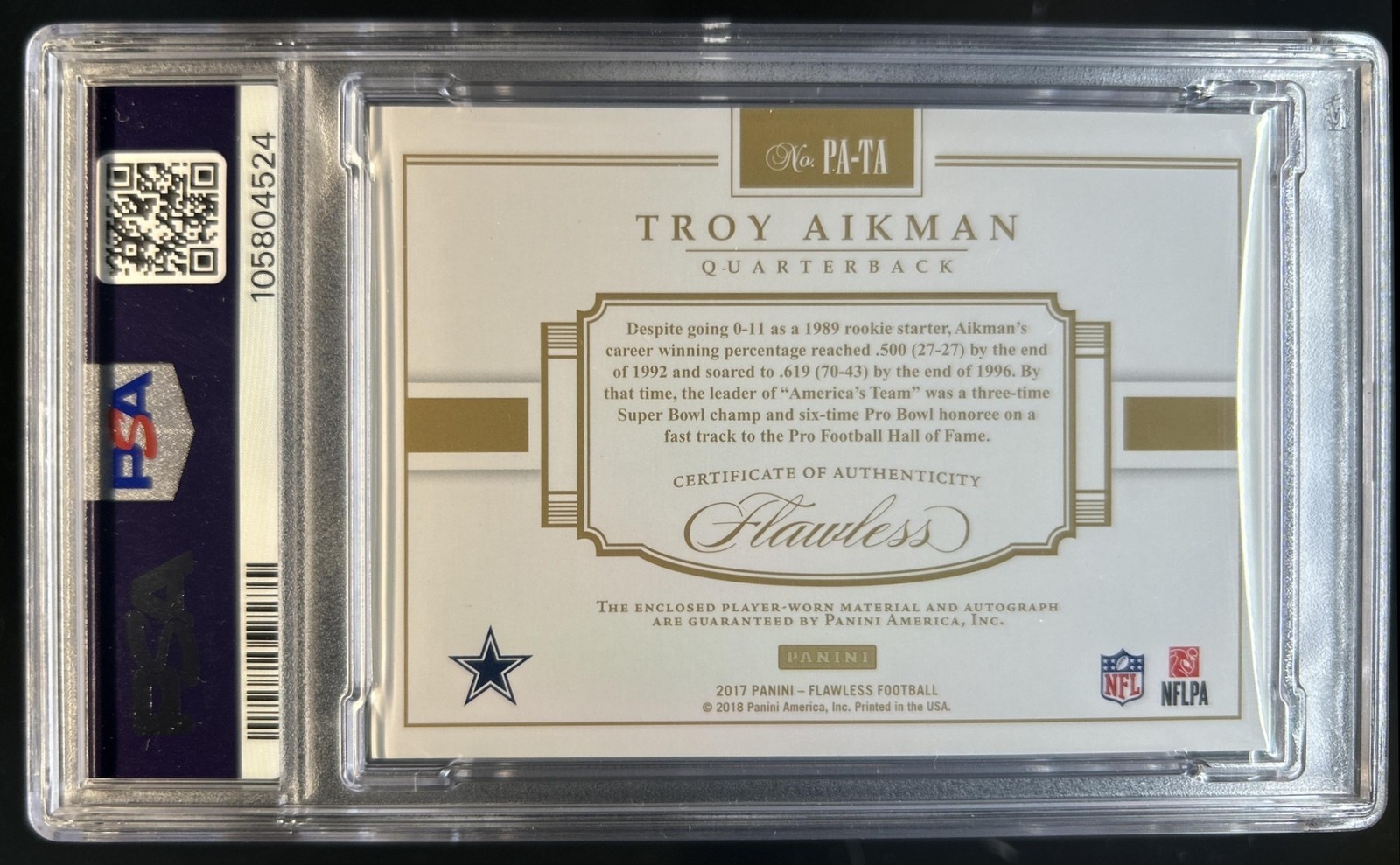 2017 Panini Flawless Troy Aikman Patch Auto Silver #/5 Cowboys PSA 9 10 view 2