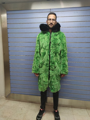 Luxury Green Rex Rabbit Fur Mens Coat Real Fur Green Coat With Hood And Fox Trim - Picture 3 of 9