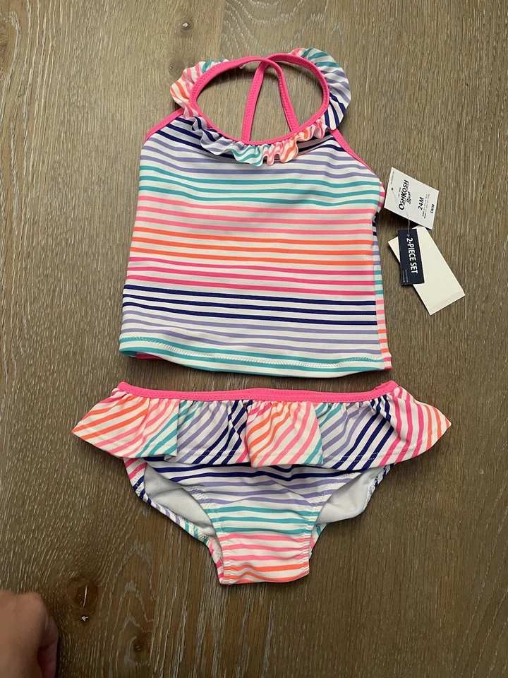 Oshkosh baby girls two piece multicolor Pastel Striped Swimsuit Size 24 Mos NWT - Image 3 of 4