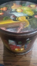 Antique Medium Wooden Firkin Original Lid & Handle Hand Painted Banquet Folk Art