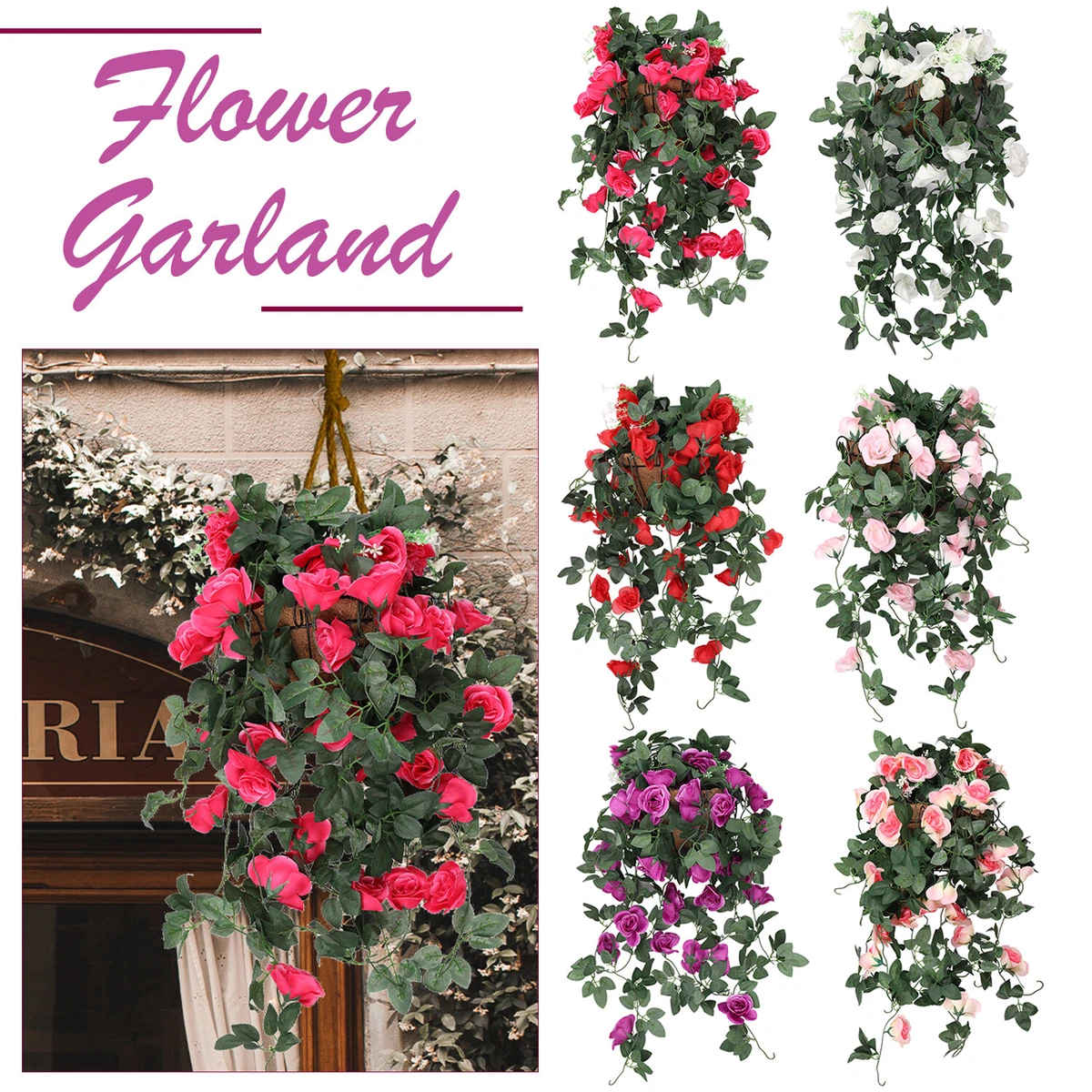 12 ghirlande di fiori artificiali con rose, 240 cm, da appendere