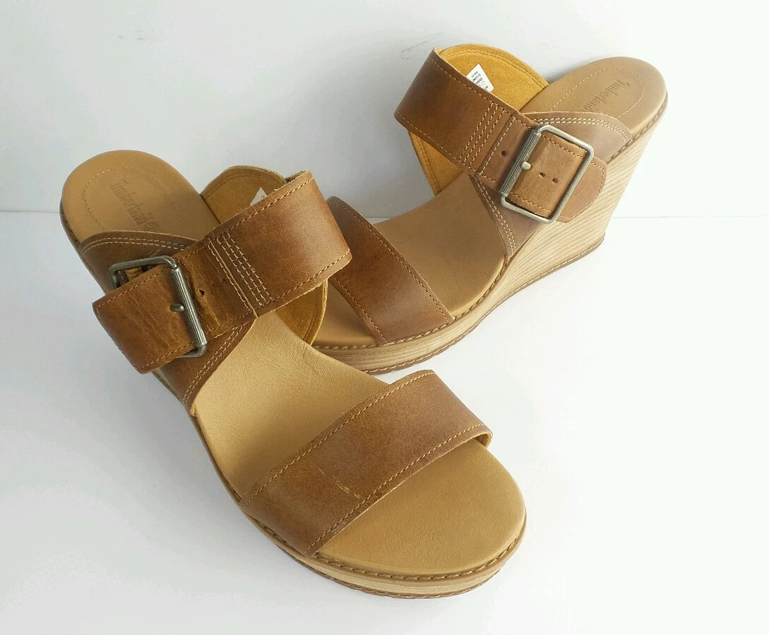 NUOVO Timberland sandalo donna Brenton fibbia zeppa scorrevole marrone marrone chiaro