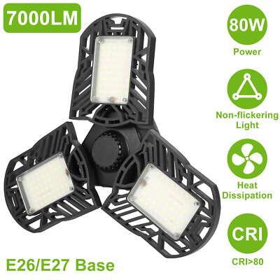 80W LED Garage Lights Deformable Garage Light W/3 Adjustable Panels 7000LM E26