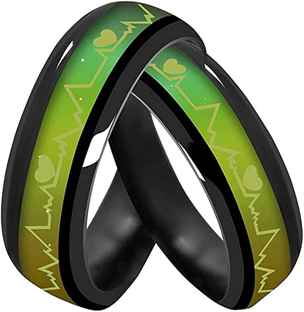 JEYKAY Color Changing Titanium Stainless Steel Mood Ring EKG W Hearts Design G