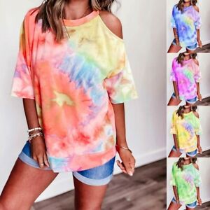 Women Tie Dye Print Cold Shoulder Loose T-shirt Tops Trendy Summer Casual Blouse