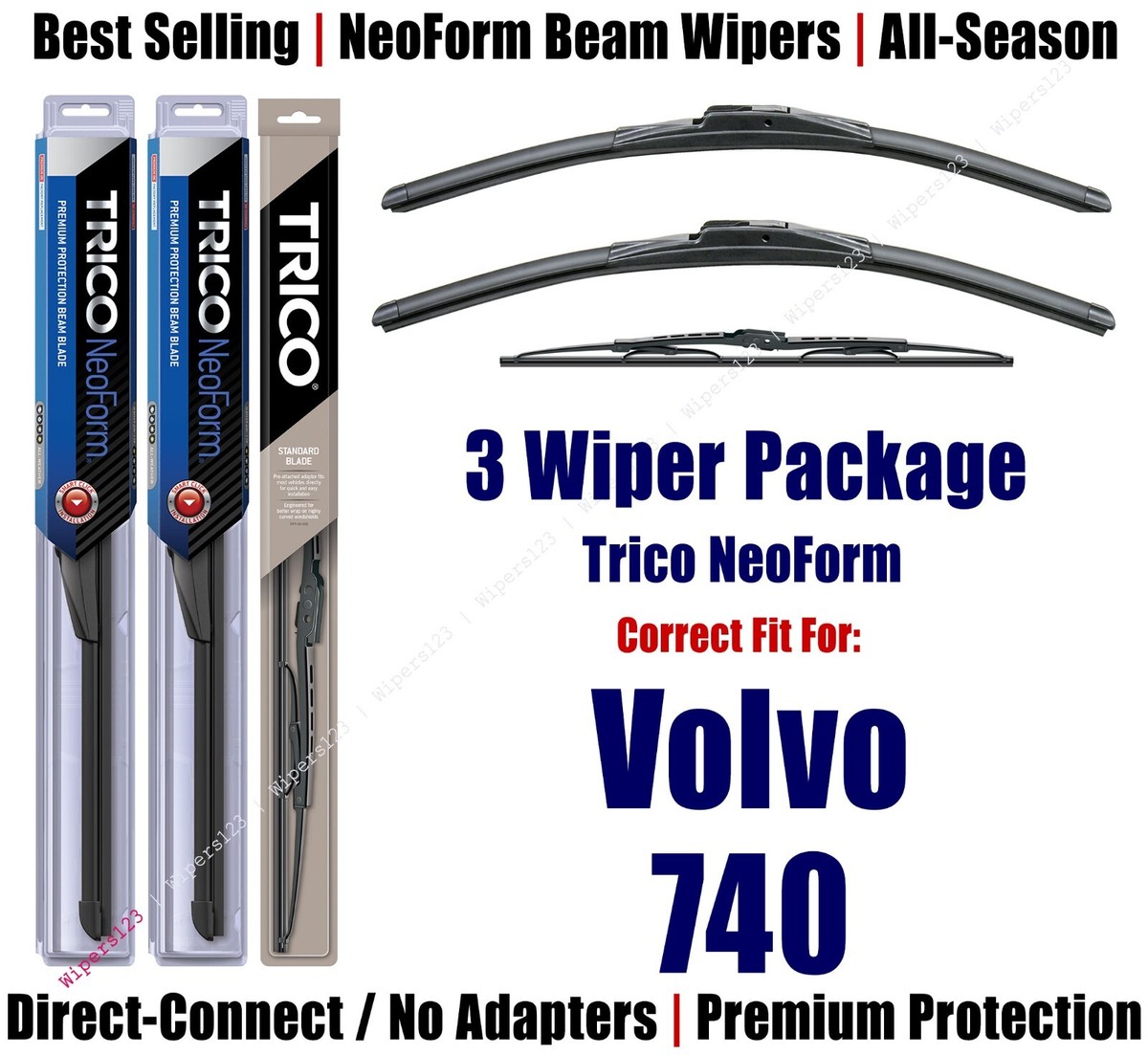3pk Wipers Front & Rear - NeoForm - fit 1990-1992 Volvo 740
