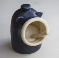 Vintage Ceramic Blue Salt Pig With Spoon Or Spice Holder With Spoon