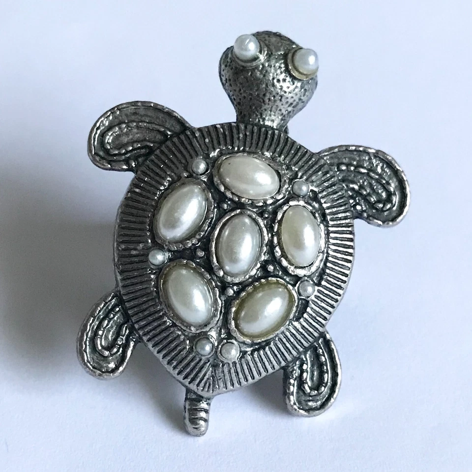 Anillo de Cóctel Tortuga Vintage Tono Plata Ajustable Talla 7 8 9 Perla Vida Marina Foto 4 de 4