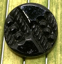 Antique Jet Black Glass Button Beaded Rope Detail Relief Tunnel Shank 1/2"