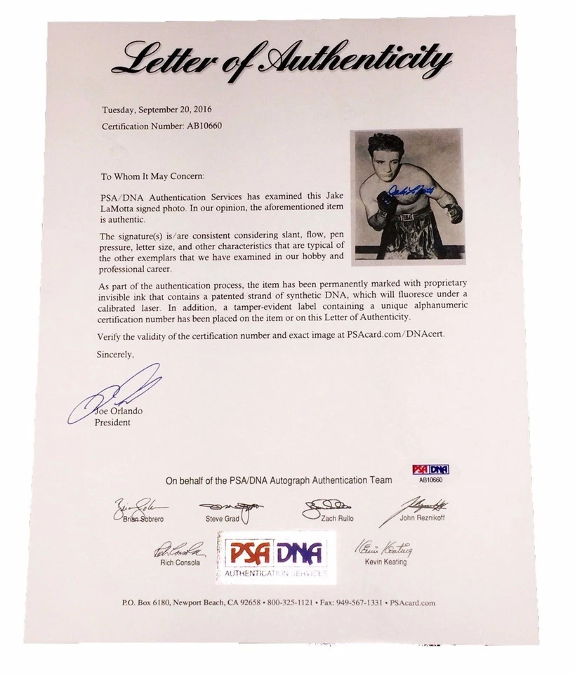 JAKE LAMOTTA HAND SIGNED AUTOGRAPHED 8X10 BOXING PHOTO WITH PSA/DNA LETTER COA - Image 2 of 3