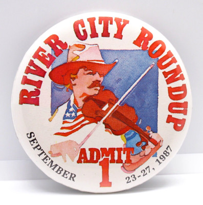 Vintage 1987 River City Roundup Rodeo Pinback Button Western Cowboy Fiddle