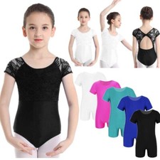 Kids Girls Dance Leotard Short Sleeves Bodysuit Gym Ballet One Piece Jumpsuit
