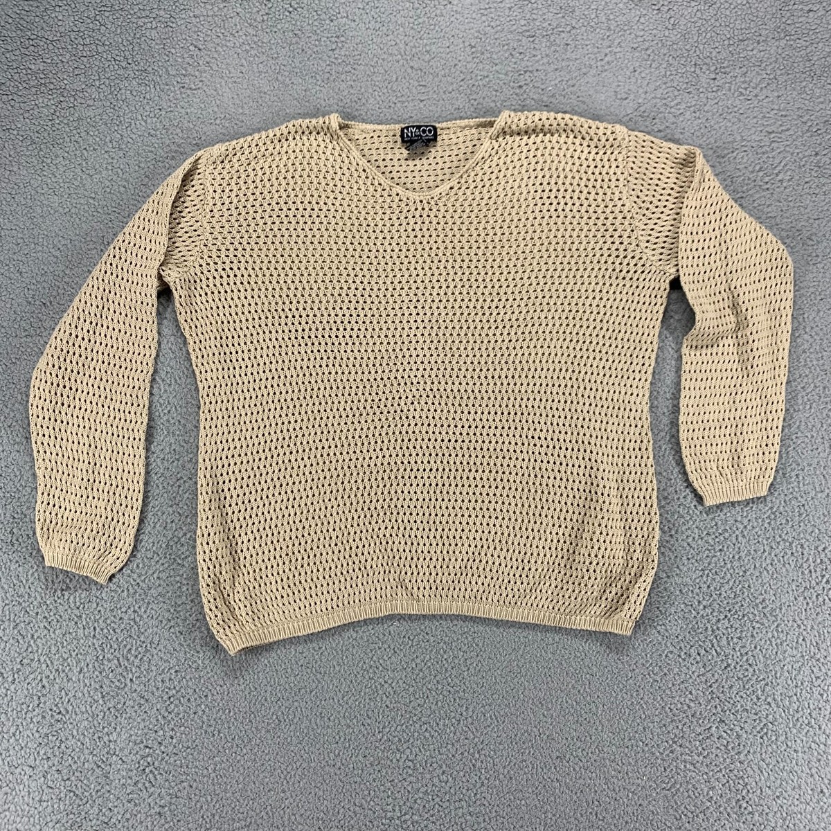 New York & Company Sweater Womens XL Beige Crochet Pullover Open