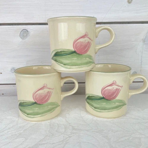 Vintage Pfaltzgraff Garden Party Coffee Mugs Pink Tulips & Cherries - Set of 3