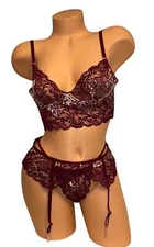 3PC Seven Til Midnight Bralette Garter Belt & String Bikini Nylon Panties M NWOT