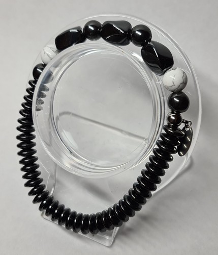 Natural Gemstone Healing Hematite And Howlite Beaded Bracelet - Picture 2 of 10