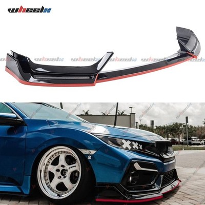 FOR 17-21 HONDA CIVIC Si & HATCHBACK BLZ STYLE GLOSS BLACK LED FRONT BUMPER LIP