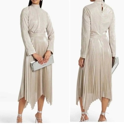 Jonathan Simkhai Lydia Size 4 White Metallic Silver Midi Dress Plissé Pleated