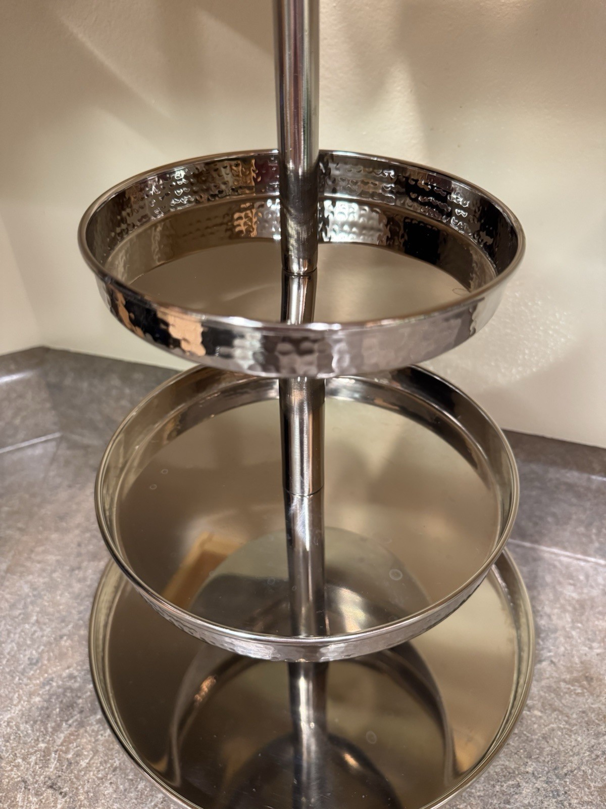 18” Large Pottery Barn 3 Tier Mirrored & Hammered Silver Serving Stand Tray