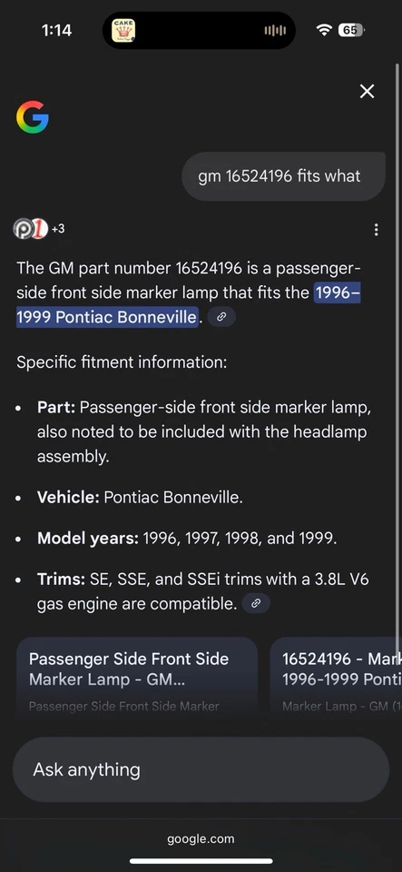 New OEM GM 16524196 Pontiac BONNEVILLE RH Front CORNER MARKER SIGNAL LIGHT - Image 2 of 4