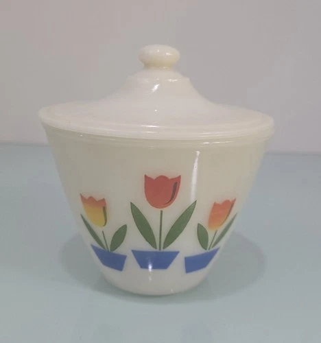 Vintage Fire King Tulips Milk Glass Grease Bowl w/lid 1950s