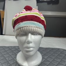 Gymboree Girls Striped Sequin Pom Pom Beanie Hat Size 5-7 Knit Cotton