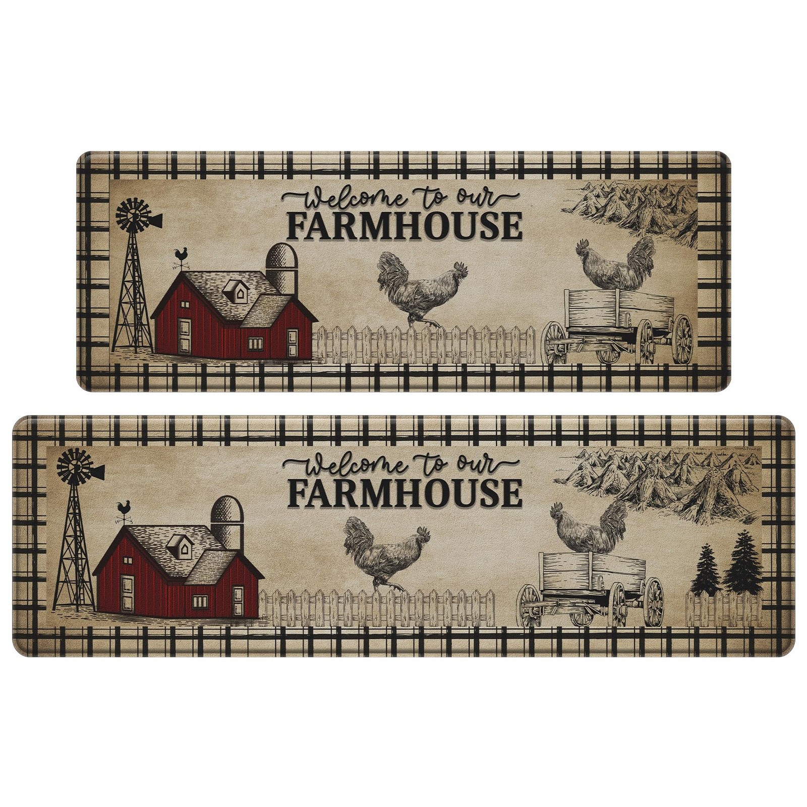 CHICNOOK Anti-Fatigue Farmhouse Kitchen Rug Set - 2 Piece Washable Non-Slip Mat