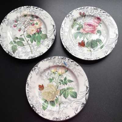 3 Vintage American Atelier Rose Toile Salad Dessert Luncheon Plates 8 1/8''