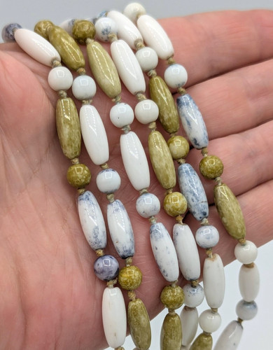 Vintage Art Glass Sautoir Rope Necklace Hand Knotted Green White Blue 1960s 48"